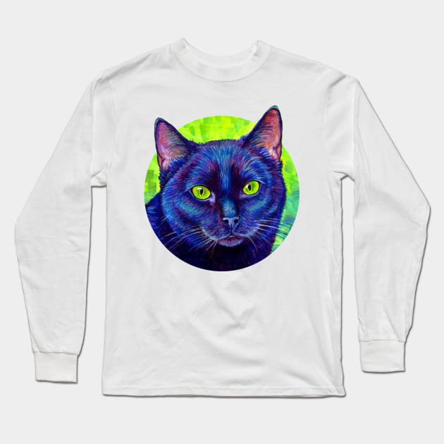 Colorful Black Cat with Chartreuse Eyes Long Sleeve T-Shirt by rebeccawangart